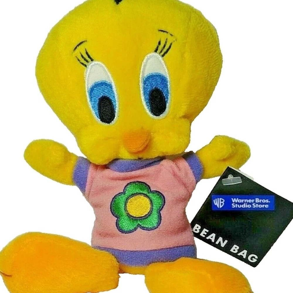 Tweety Bird NWT Warner Bros Studio 1998 Bean Bag Plush Toy 8" Flower Shirt